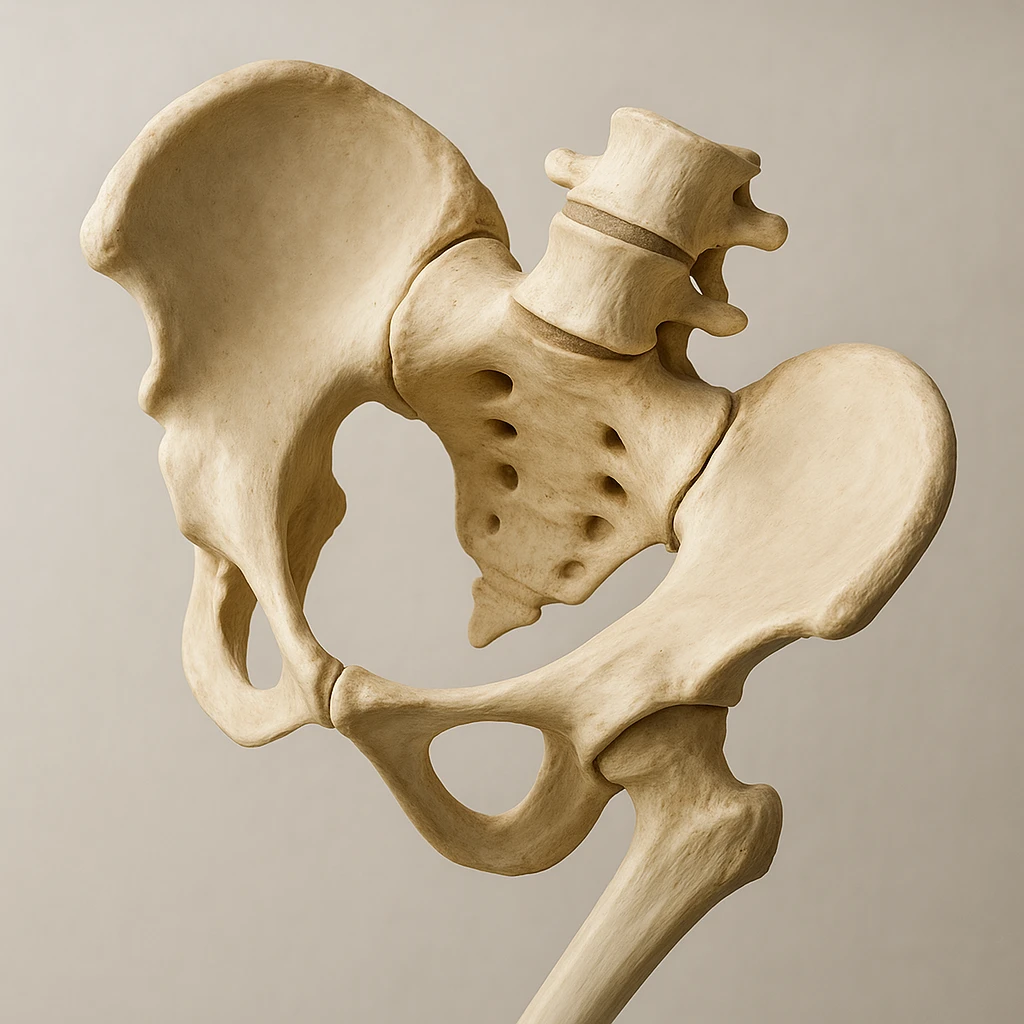 realistic human pelvis tilted, 4K image, anatomical details, very evident tilt, side view, clinical atmosphere, neutral background emoji