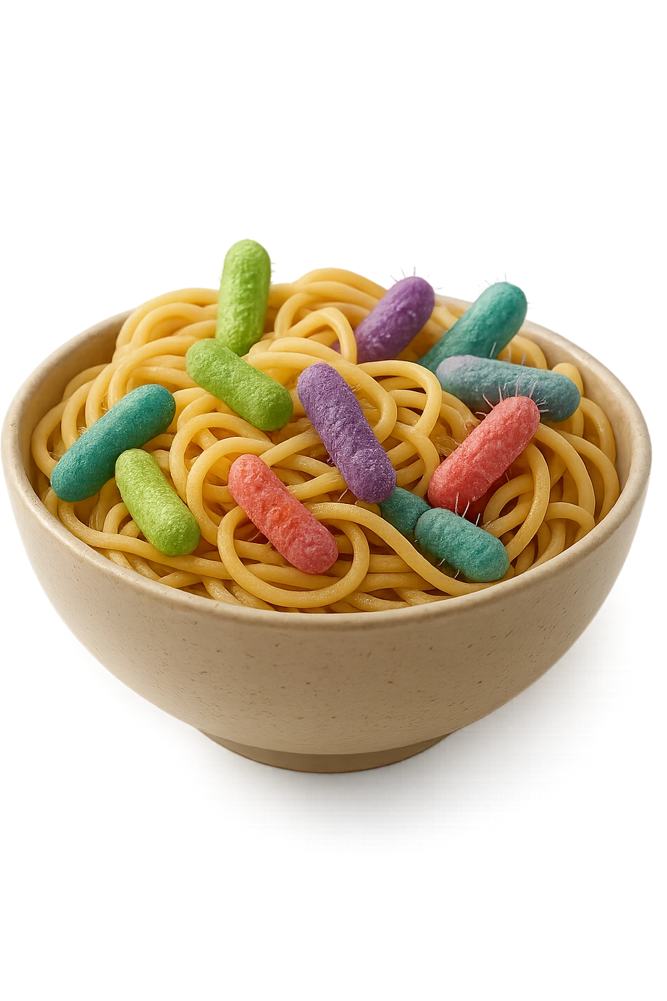 BOWL DI PASTA CON BATTERI INTESTINALI DENTRO, iperrealistico 4k, SFONDO BIANCO emoji