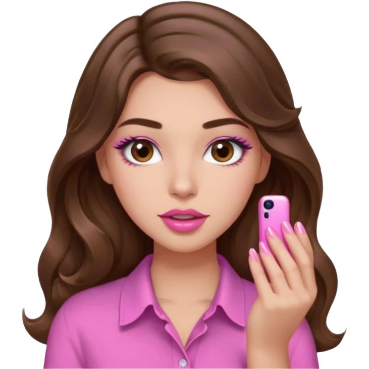 girl with long wavy brown hair, brown eyes, light to medium complexion, in a pink shirt, pink lips, long lashes, puckered lips, showing off a pink manicure emoji