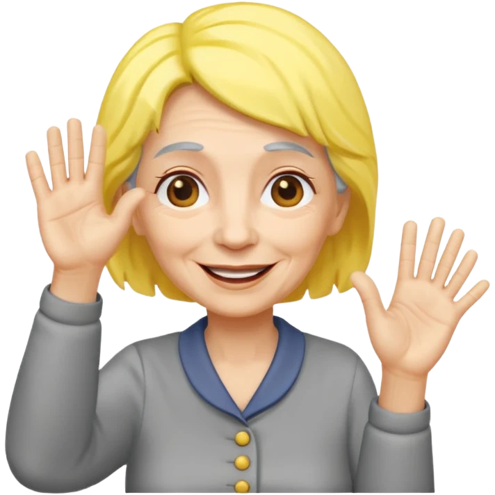old woman with gray and yellow hair smiling and waving her hand  emoji