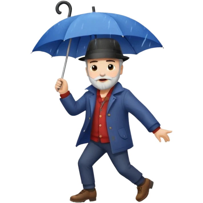 A dark-haired boy with a white beard dancing with an umbrella in the rain emoji