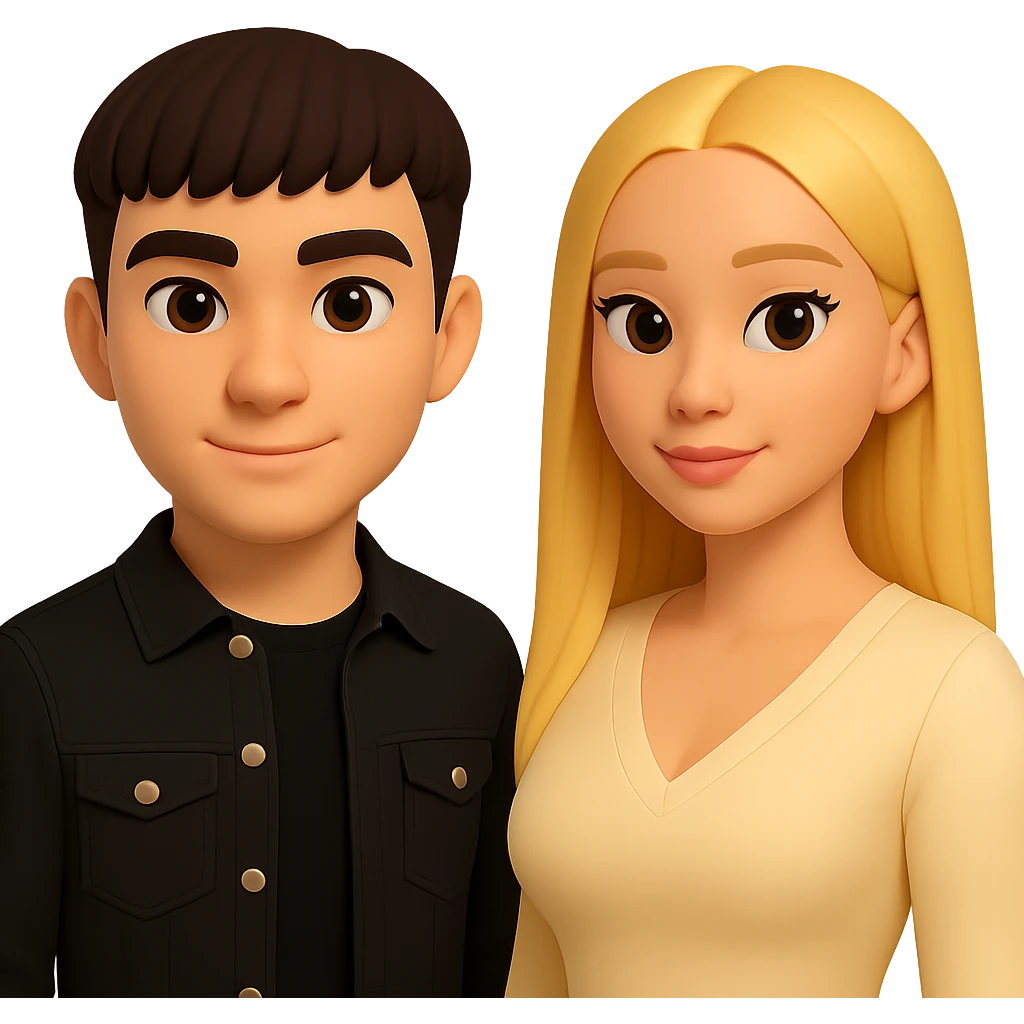 Slightly increase the volume of the upper body of the girl, separate the girl and the boy from each other, make the skin color the same for both characters. Maintain the cartoonish 3D style and keep the background transparent. emoji