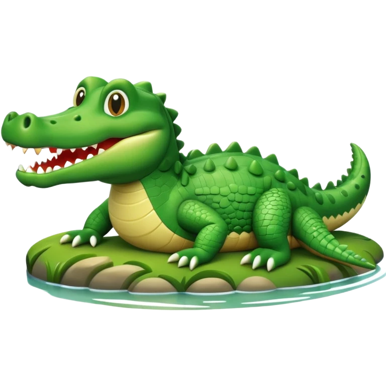 A cute 3D cartoon crocodile resting on a riverbank, part of its body in the water. Smooth rounded design, bright colors, soft lighting, friendly expression, Memoji-style realism. emoji