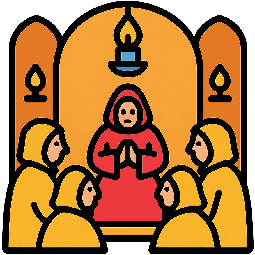 classic medieval conclave with monks in robes in a candlelit hall emoji