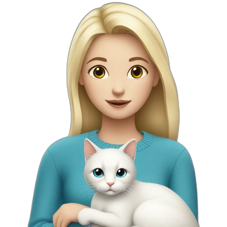 Blond girl in blue sweater and with white cat emoji