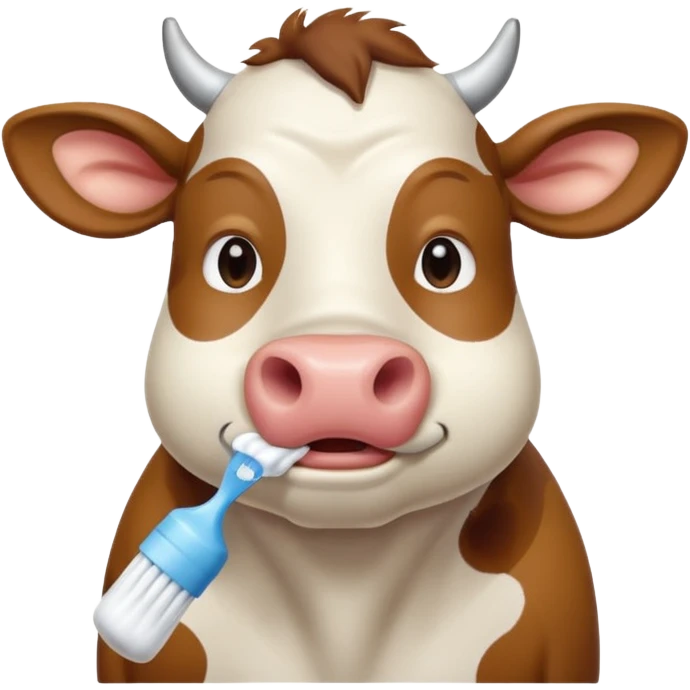 A cow brushing its teeth, looking sleepy and drowsy, portrait, bust up emoji