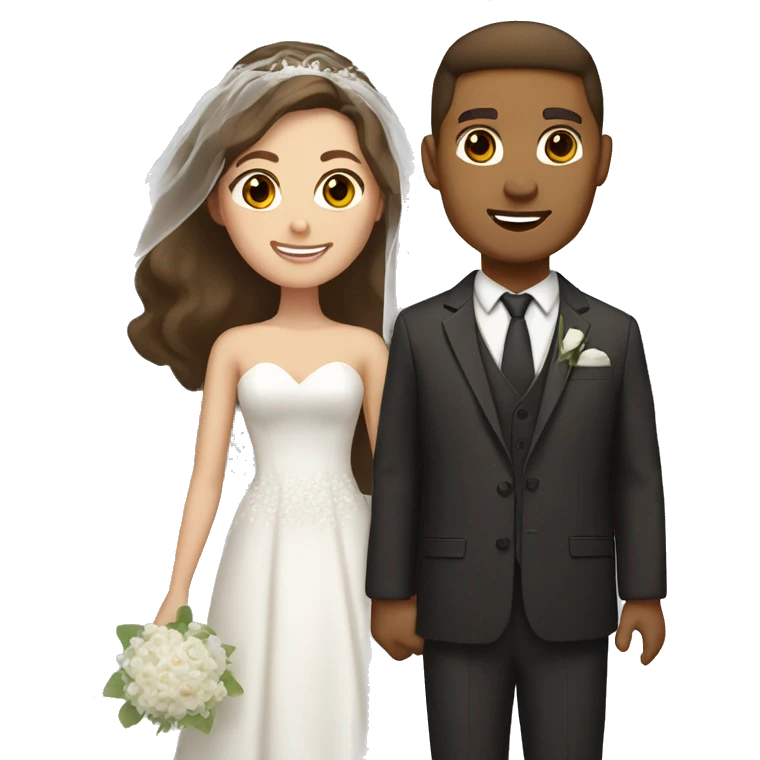 Bride and groom with brown hair, brown eyes, and light tan skin emoji
