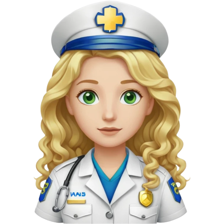 Paramedic white and gold uniform green patch with long curly blonde hair and blue eyes emoji