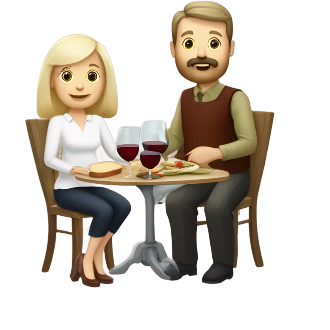 Repas raclette et deux verres de vin blanc en couple 50 ans, femme blonde cheveux aux-dessus des épaules homme petite barbe et moustache grisonnantes et cheveux bruns emoji