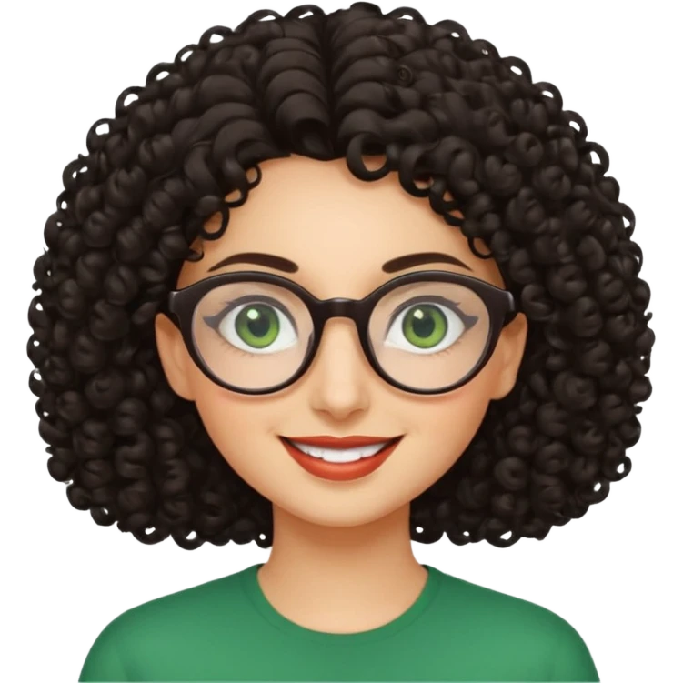 iranian woman, tight curly hair, glasses, green eyes, pretty, oval shape face emoji