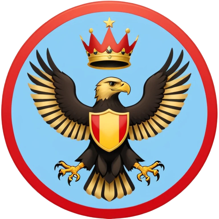 A light blue flag featuring a red and black horizontal stripe across the center. In the middle, a yellow circle contains a golden heraldic eagle with spread wings and a small crown above its head. Flat 2D vector style. emoji