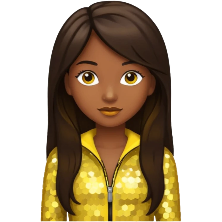 Sasha from Bratz with medium dark skin, long dark brown hair and yellow sequin outfit emoji