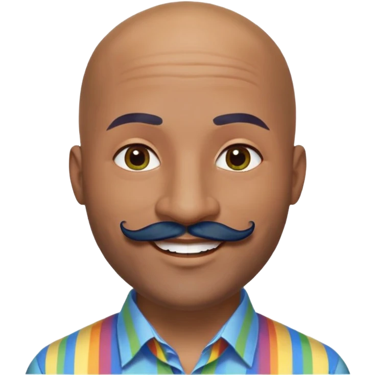 Oxumarê as a very happy and spontaneous smiling 37-year-old bald man with very dark skin, smooth oval head, indigenous facial features, mustache with circular beard only on chin, a round mole on the right side below the lip, wearing a blue striped dress shirt, with rainbow serpent, Memoji style emoji