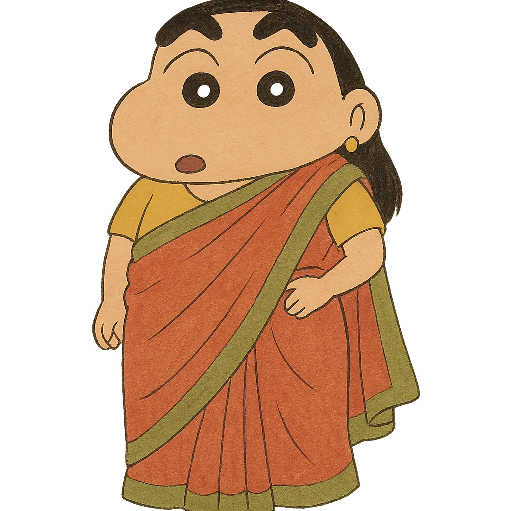 Shinchan dressed in a saree, hand-drawn look, simple background emoji
