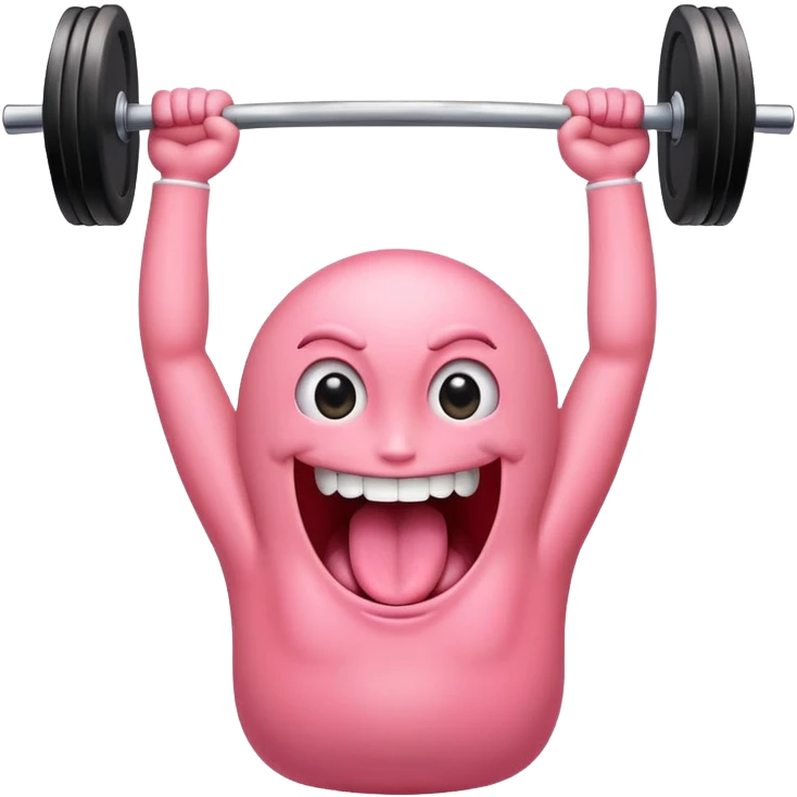 a tongue with eyes and arms, smiling, holding a barbell overhead emoji
