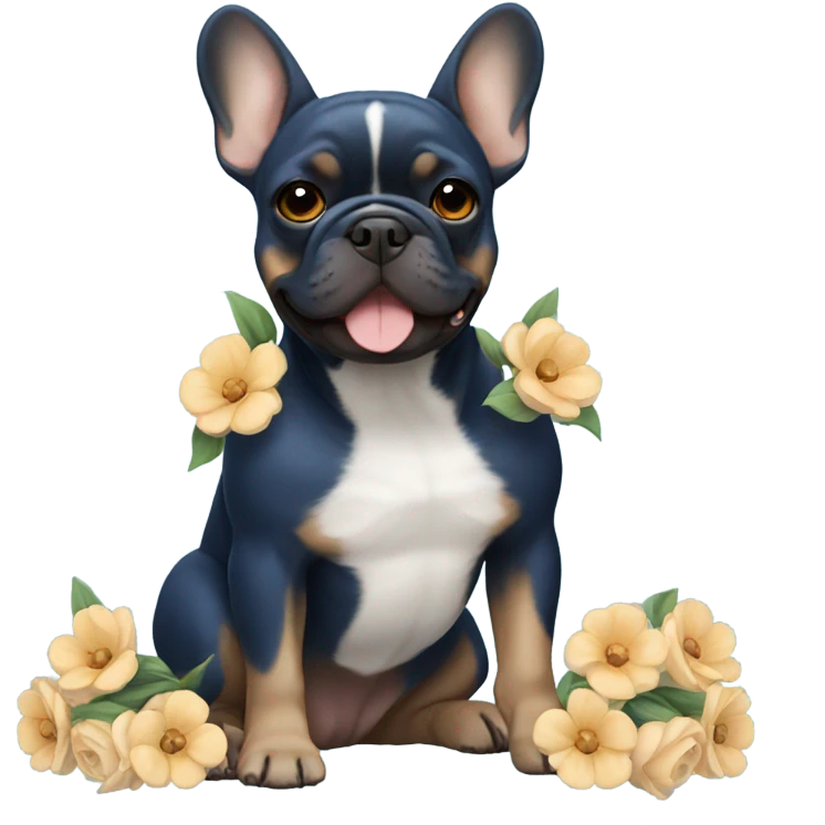 dark blue and tan french bulldog holding flowers emoji