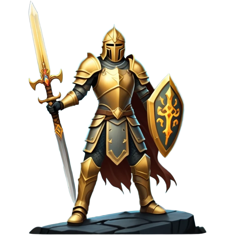 An icon representing RPG, inspired by Elden Ring. The design features a warrior in armor, holding a sword, standing in front of a mystical, dark landscape with glowing runes and a distant castle. The atmosphere evokes epic quests, exploration, and intense battles. Transparent background emoji
