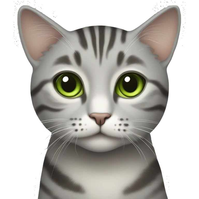 A light grey cat with darker tabby stripes, green eyes emoji