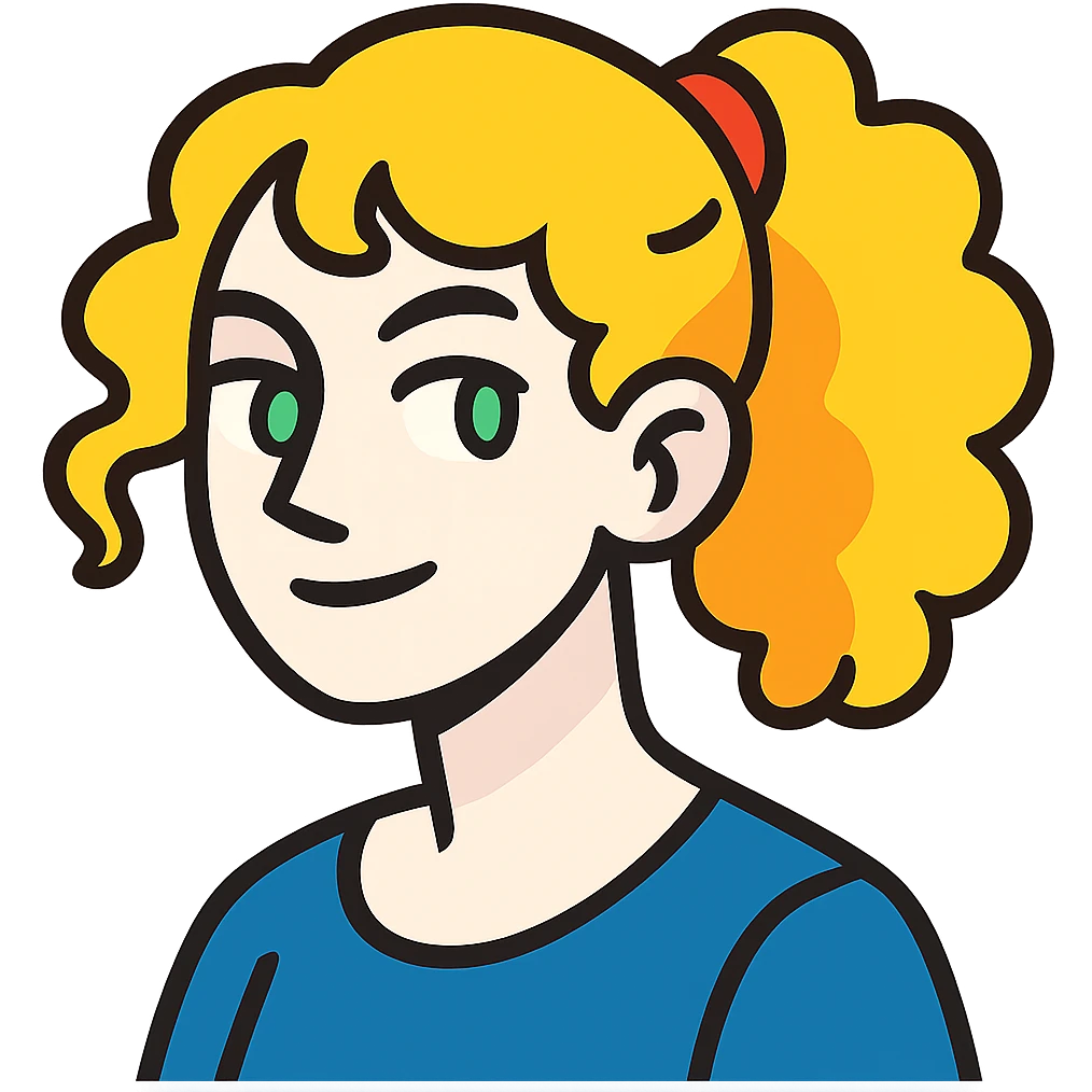vibrant toon style character with blonde, curly shoulder-length hair tied back with a red scrunchie, pale white skin, pale green eyes emoji