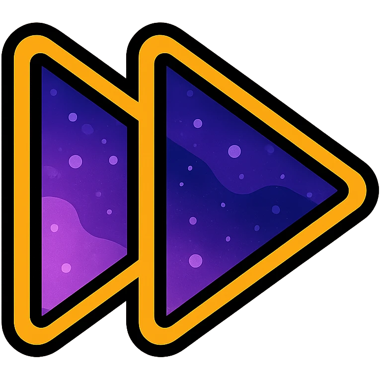 previous song icon, two left-pointing triangles filled with galaxy in purple and pink, neon orange glowing border emoji