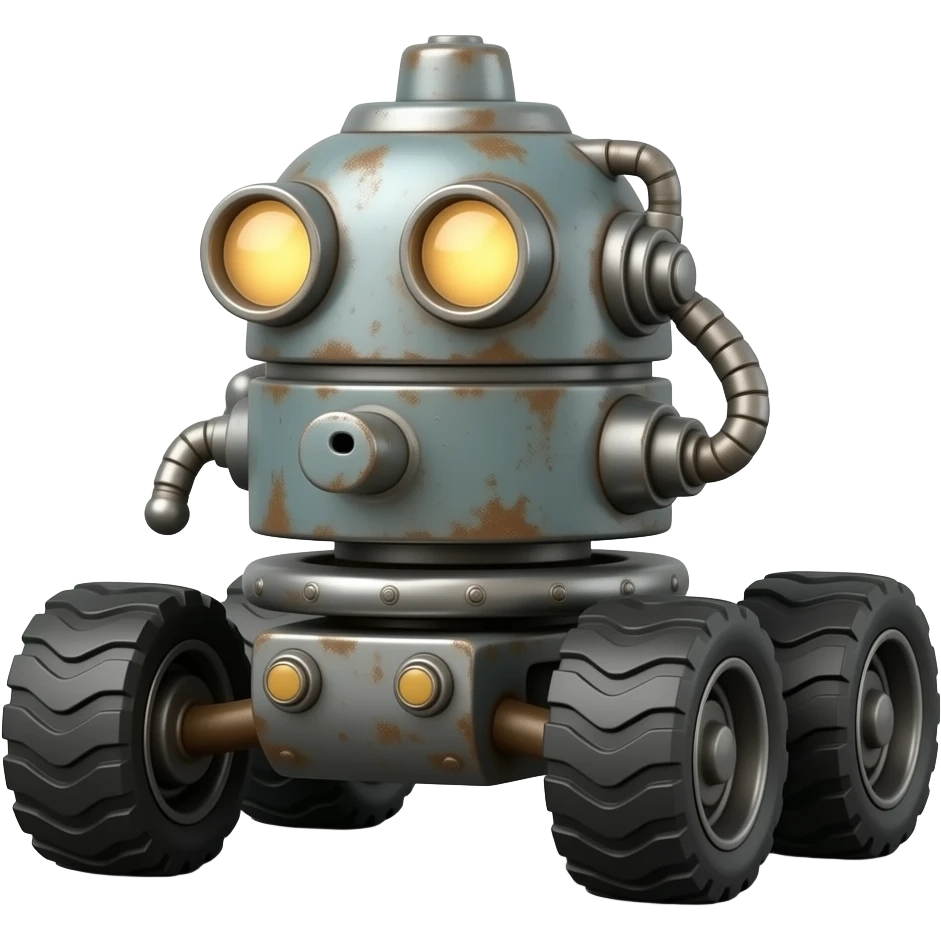 rusty machine on four wheels, glowing round headlights, gray metal with rust, soft lighting, clean background, it has a minigun emoji