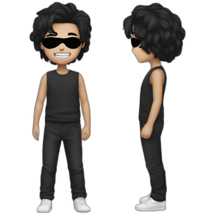 A boy with cearly black hair wear a black mask emoji