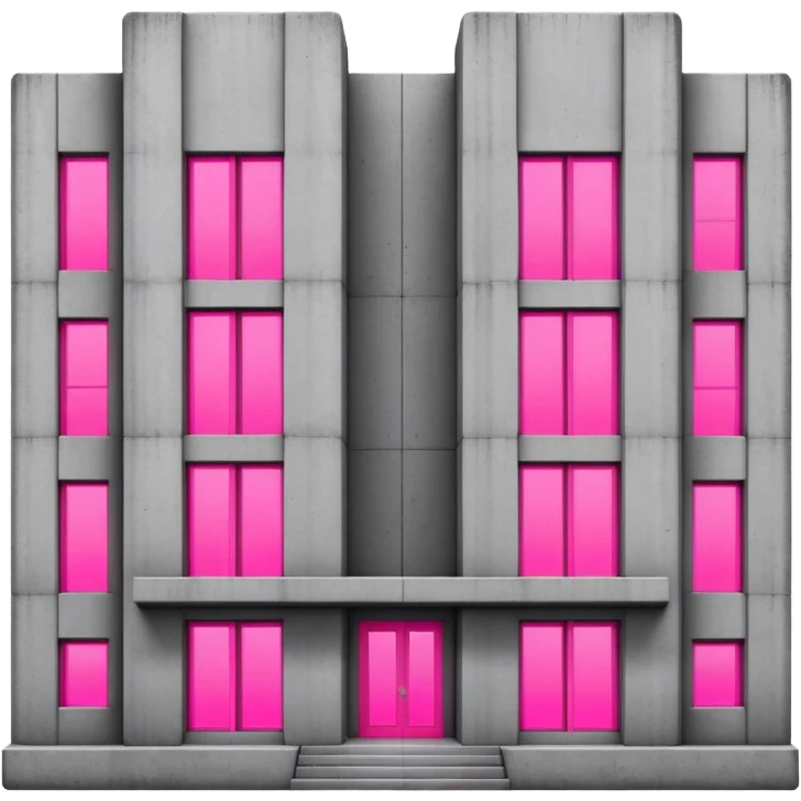 brutalist gray concrete block building with two neon pink windows and many normal windows emoji