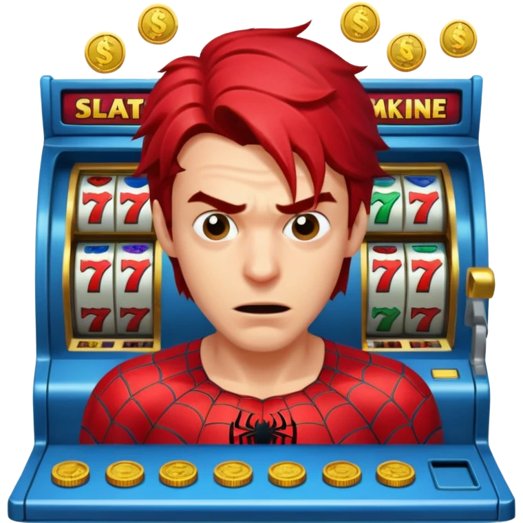disheveled spiderman losing money at a slot machine, panicked face, coins flying emoji