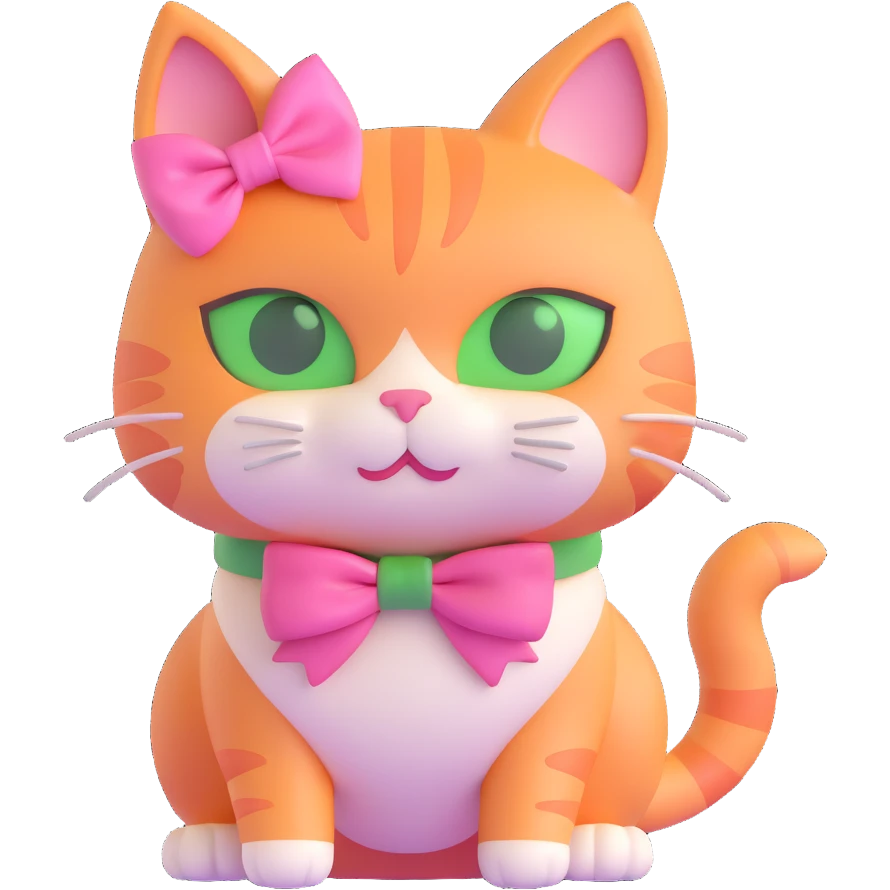 3D iOS style cat with a pink bow, green eyes, and light orange fur emoji