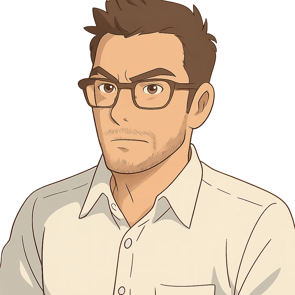 soft color portrait of a driven businessman with a white button up shirt, no tie, dark brown hair in a business casual fauxhawk, 5 o'clock shadow with gray near chin, brown rectangular glasses emoji