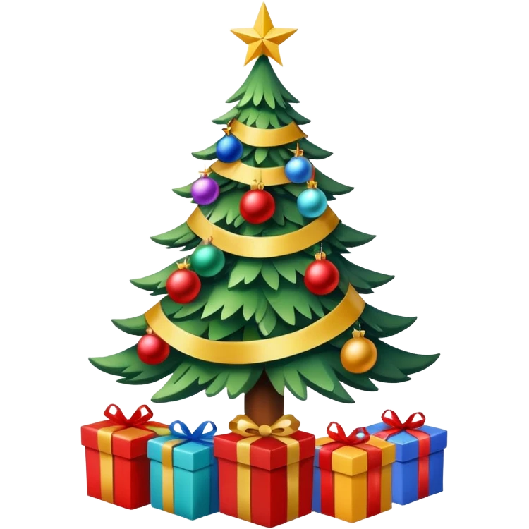 Christmas tree with decorations and ribbons, it has a star on top, at the base of the tree there are gifts. emoji