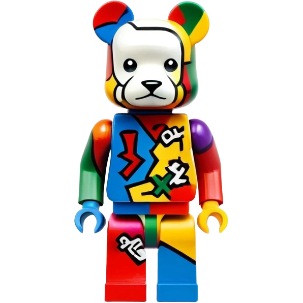 Lego bearbrick covered in colorful graffiti art, X symbols for eyes, blocky Lego aesthetic, spray paint style emoji
