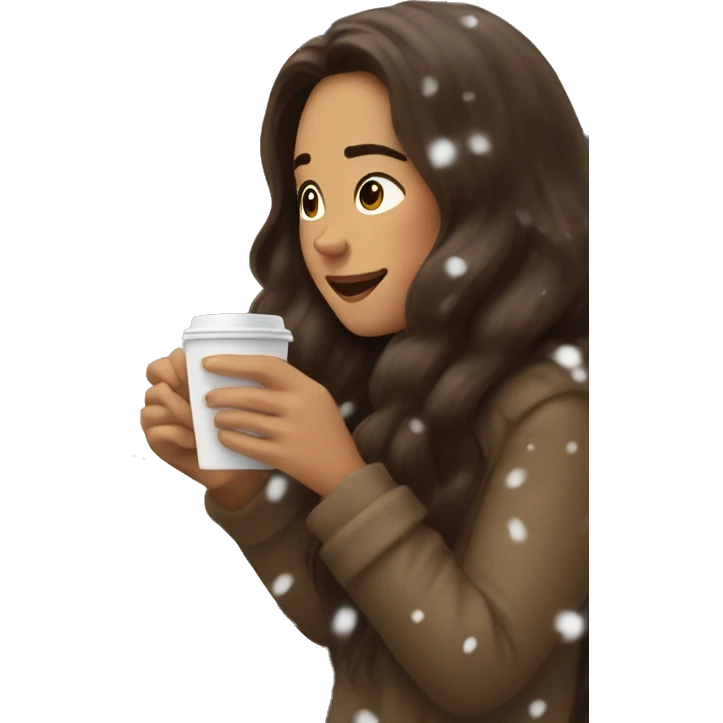 Woman with long brown hair is eating croissant and drinks coffee at home snowing outside the window emoji