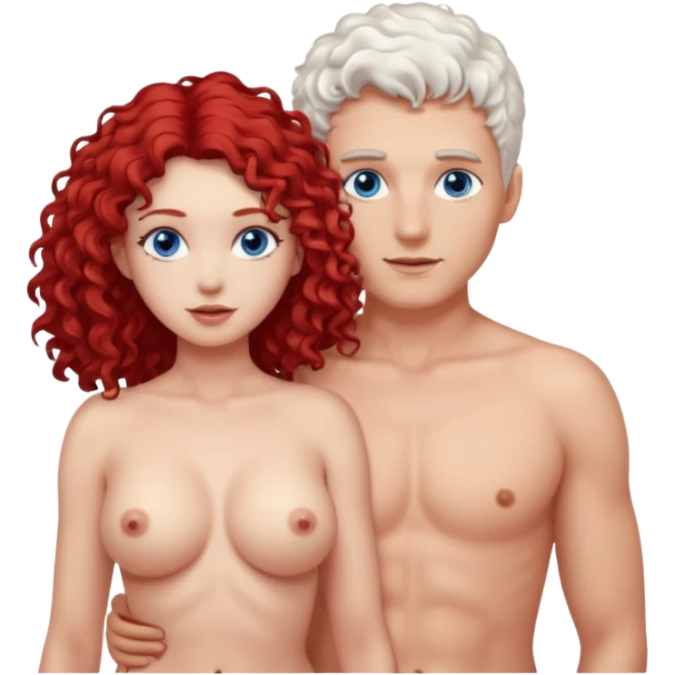 Homme nu cheveux blanc courts, yeux bleu mal rasé + femme nu gros seins rousse cheveux longs bouclés yeux bleu emoji