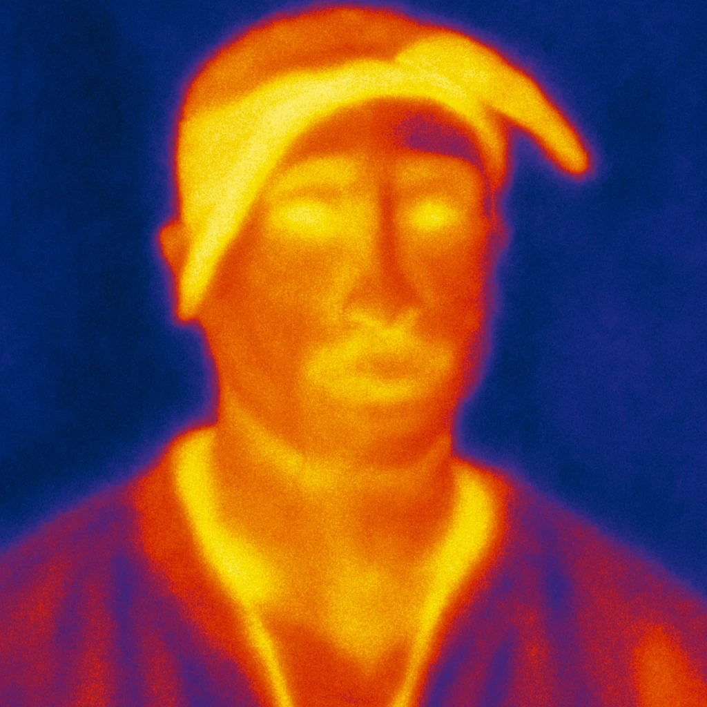 2Pac rapper in thermal camera style with a background, wearing a hat and a bandana emoji