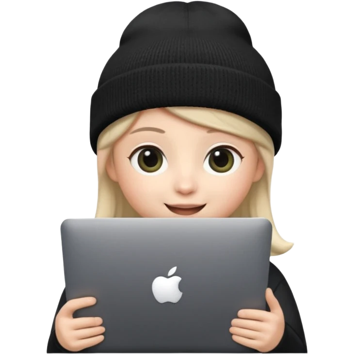 Apple-style Memoji face with big eyes and black beanie, holding silver laptop covering mouth with solid black pear logo (no bite), clean soft lighting, simple round background. emoji