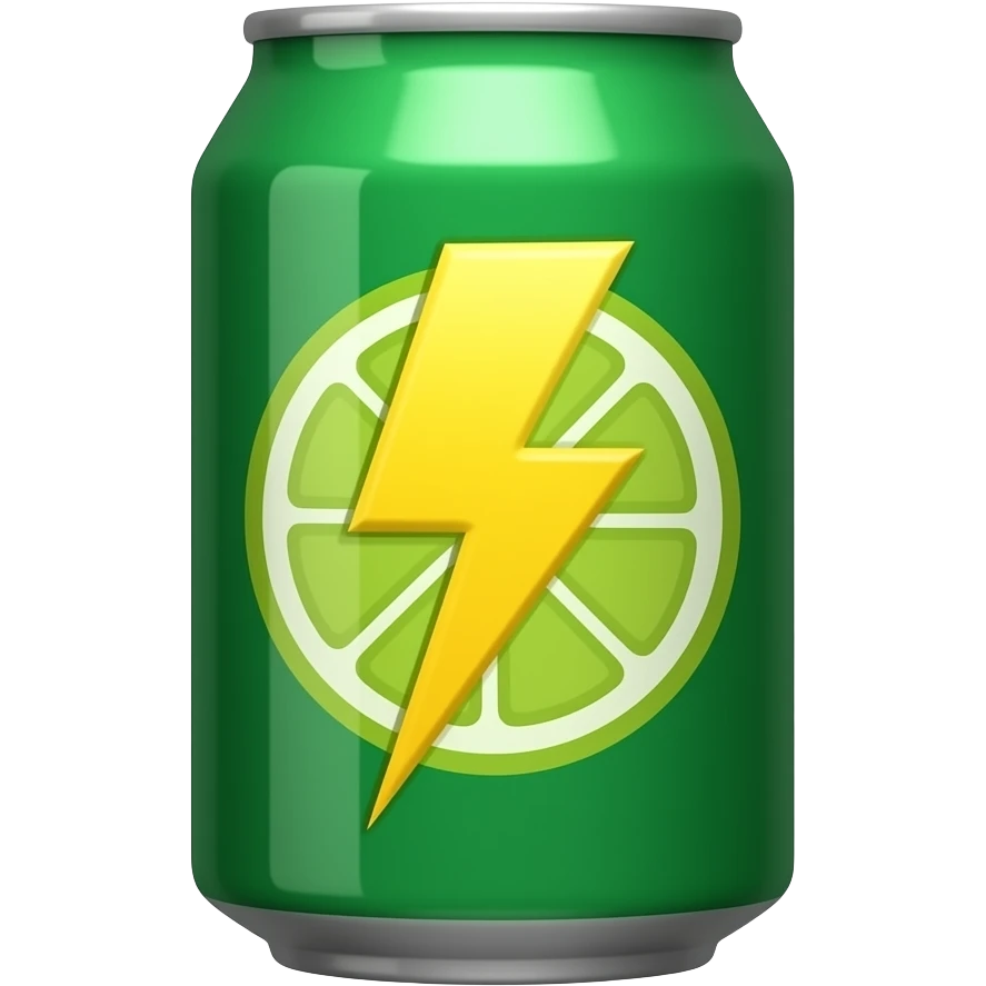 Flat emoji of a green soda can with a big citrus slice icon and a bright yellow lightning bolt, thick outline, limited shading, transparent background, square, no text. emoji