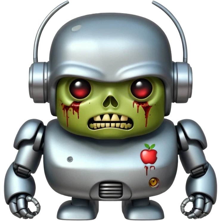 Apple emoji-inspired fat zombie robot terminator, straight front view, shiny surfaces, expressive face, transparent background emoji