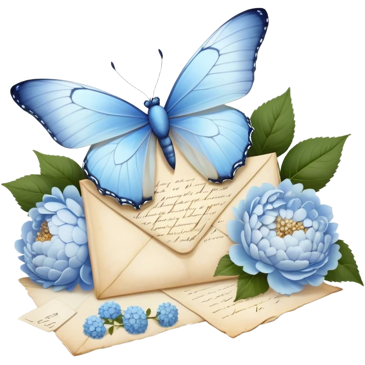 A delicate still life of a pale blue butterfly resting on an aged love letter, sealed with golden wax, accompanied by a bouquet of white peonies and soft blue hydrangeas, with pearl beads scattered nearby.
 emoji