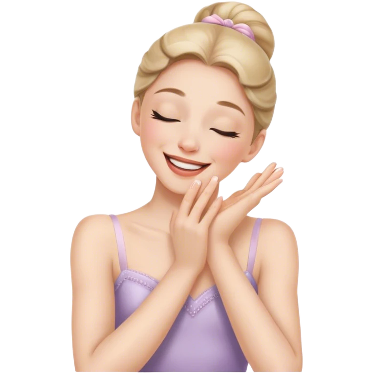 The ballerina laughs sweetly, covering her mouth with her hand and with her eyes closed emoji