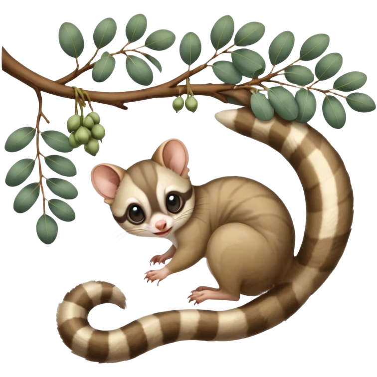 Sugar glider hanging from eucalyptus branch by the tail emoji