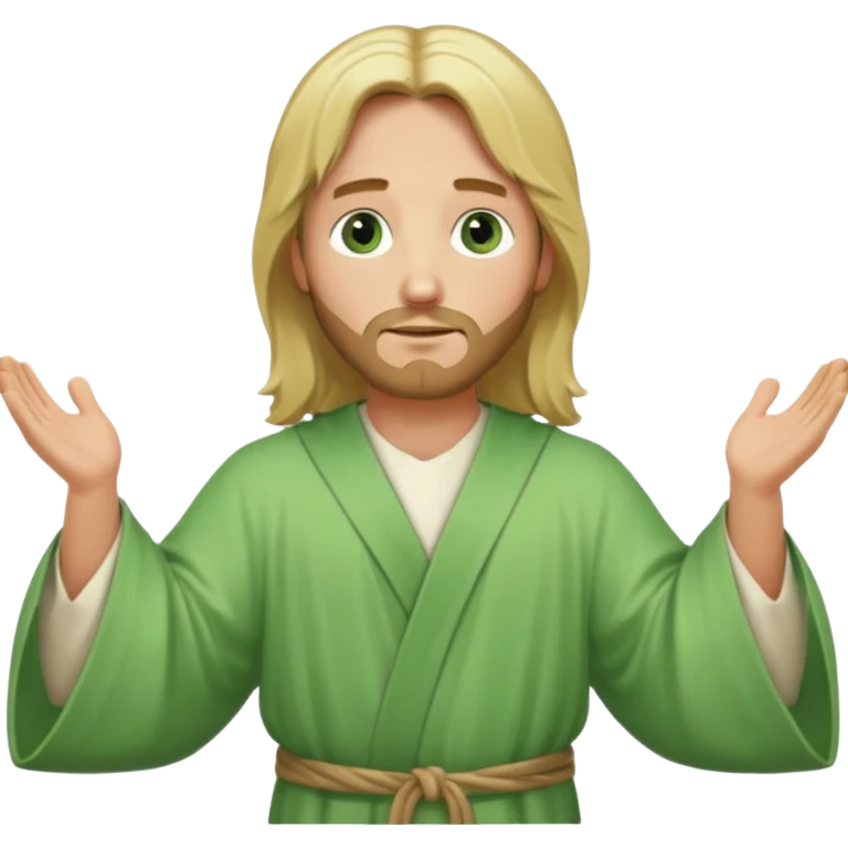 Jesus, green eyes, blonde hair, light green church robe. opening arms, gazing thoughtfully. Soft light, subtle fern. Waist-up, profile. emoji
