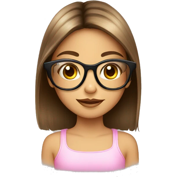 Niña con lentes rosado transparente, pelo corto de color castaño, ojos marrones,  emoji