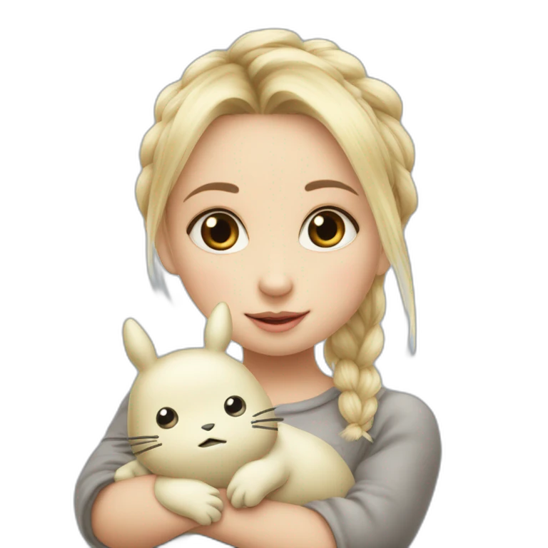 bébé fille blonde décoiffée avec une peluche Totoro  emoji