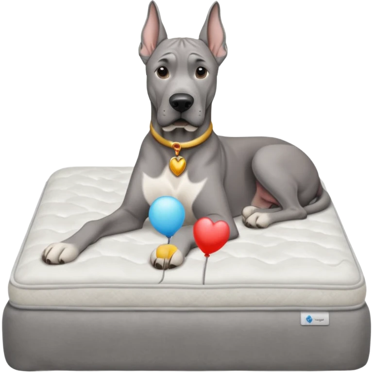 Gray Great Dane on king size mattress floppy ears white mattress  emoji