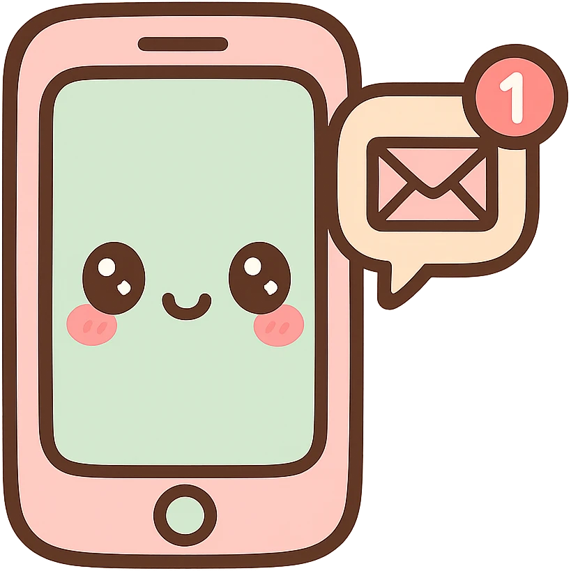 cellphone with an unread message notification, kawaii chibi anime style, flat pastel colors, thick outlines, simple cute features emoji
