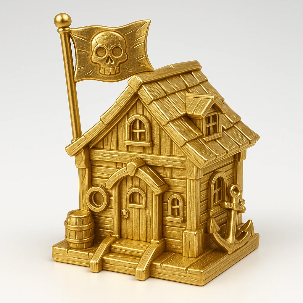 old pirate's house with skull flag emoji