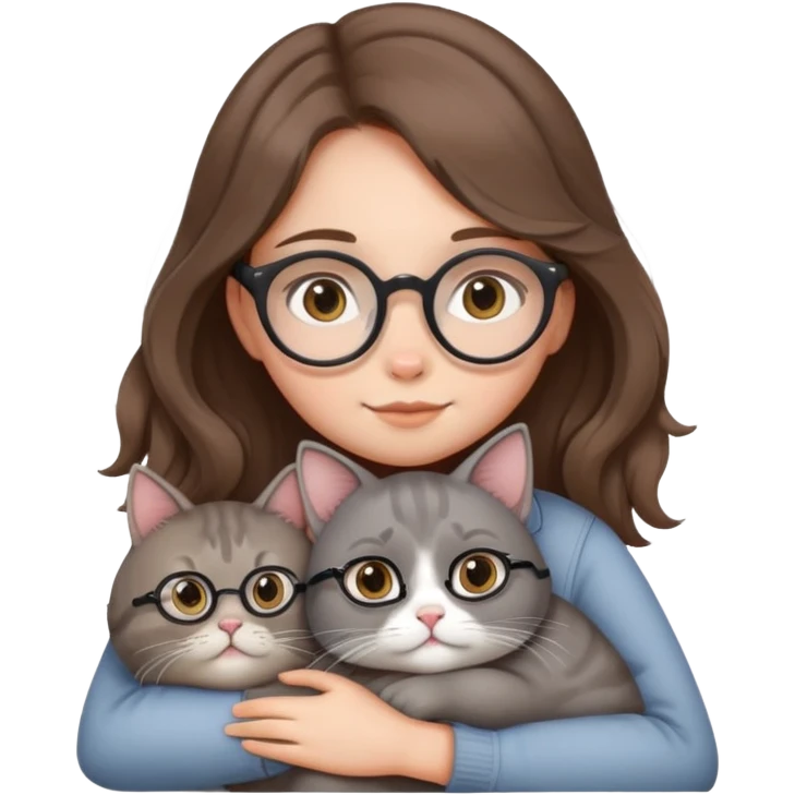 girl with slight wavy long brown hair wearing round specs carrying/hugging a fat grey cat with round ears  emoji