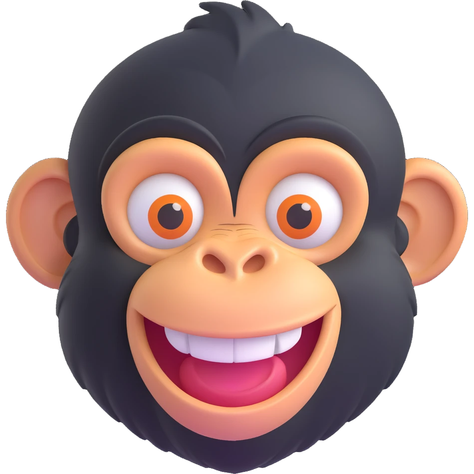 3D emoji style chimpanzee face, big smile, playful look emoji