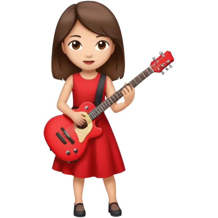 an asian girl with brown hair playing a big guitar, wearing a red dress emoji